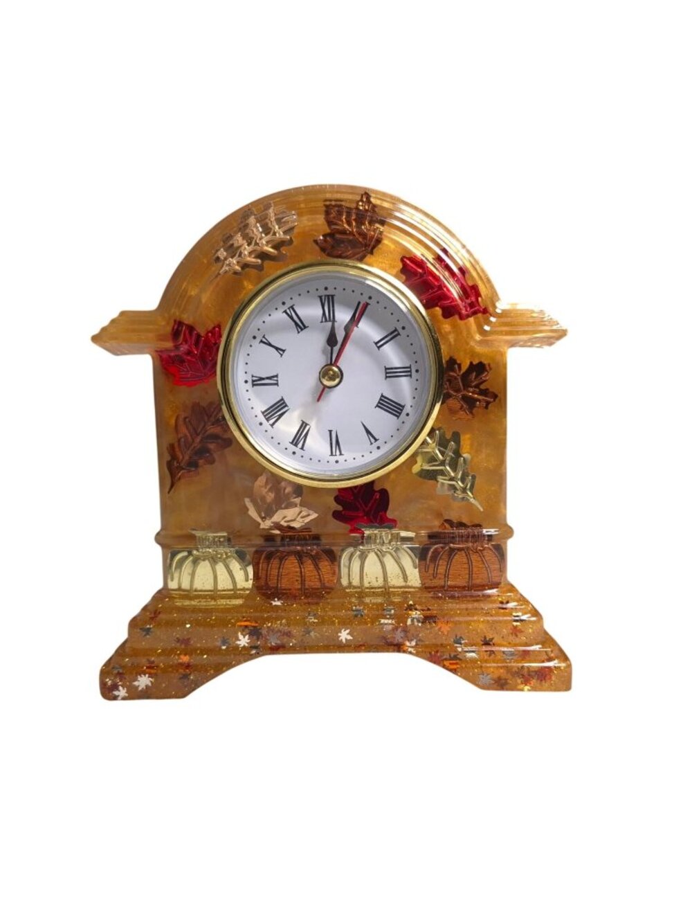 Handmade Resin Decorative Table Clock Gold Glitter Accents Pumpkins Fall Leaves